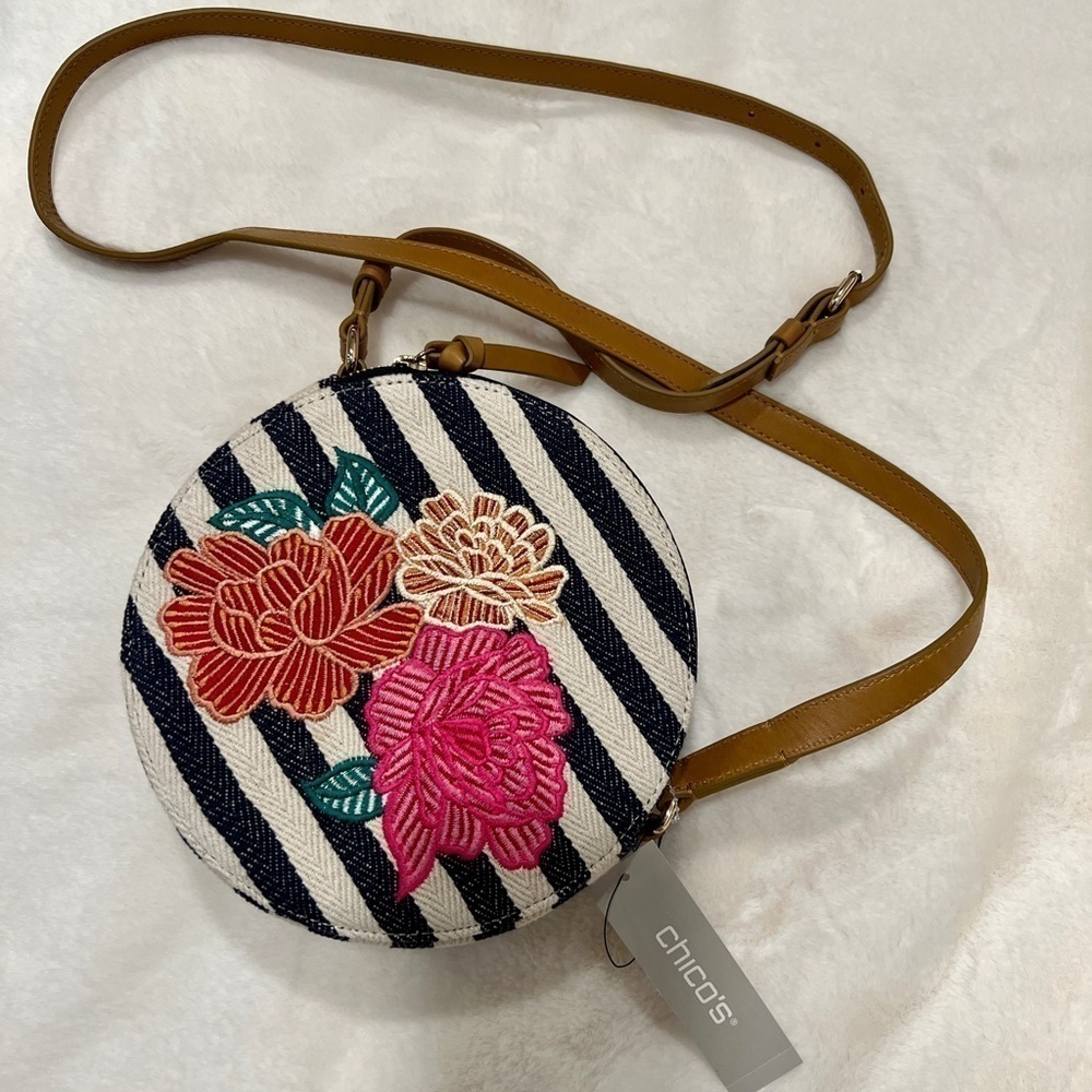 Chico’s Floral Embroidered Striped Crossbody Bag Purse Multicolor